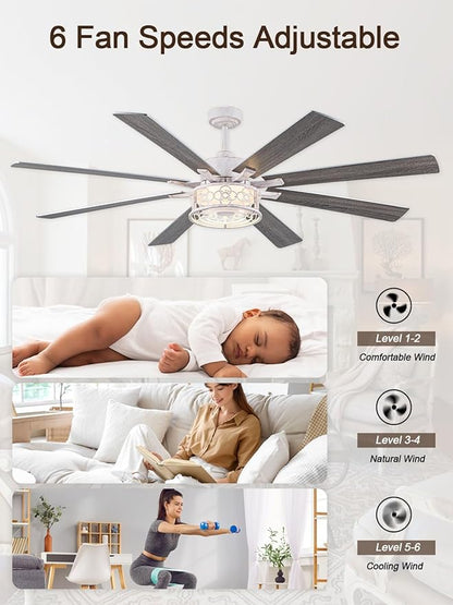 72 Inch Farmhouse Ceiling Fan with Lights Large Rustic Ceiling Fan Retro White Caged Fandelier Industrial Chandelier Light with Remote for Indoor Outdoor, Reversible DC Motor 6 Speed