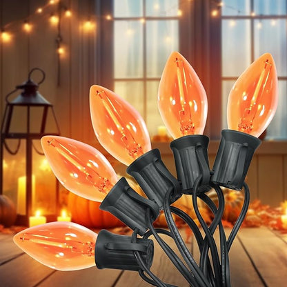 C7 Christmas Lights, Led Clear Orange Halloween Outdoor String Lights, 25FT Commercial Grade Patio Light with 27 C7 Bulbs, Hanging Lights for Indoor Outside Porch Xmas Tree Thanksgiving Décor