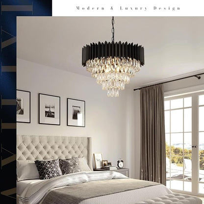 A AXILIXI Black Crystal Chandeliers Modern Round Chandeliers 24" Dimmable 12 Lights Ceiling Pendant Light Fixtures 5 Tiers Luxury Raindrop for Living Room Dining Room Bedroom Foyer