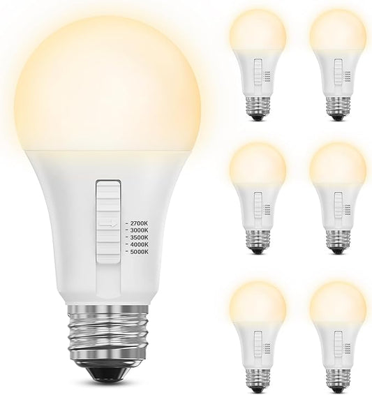 Feit Electric A19 LED Light Bulb, 100W Equiv, Non-Dimmable, Selectable Color Temperatures (2700K-5000K), 1500 Lumens, General Purpose Light Bulbs, 17,000-Hour Lifetime, OM100/5CCT/15KLED/6, 6 Pack