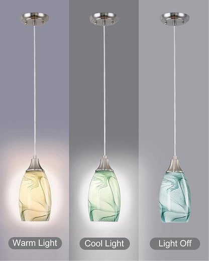 karyfine Mini Pendant Lights Kitchen Island Light Brown Glass Lamp Shade Hand Blown Glass Pendant Light with Brush Nickel Finish Adjustable Cord for Kitchen Over Sink (Green Marble-3Packs)