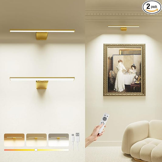 Picture Light for Wall with Remote, Picture Lights Battery Operated Rechargeable 12000mAh, 3 Colors & 3 Timers, Brightness Dimmable for Gallery Poster Frame Painting Photo Art Display (Gold, 2 Pack)