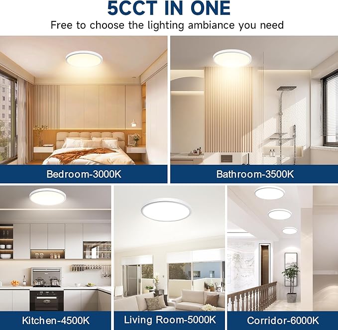 WKONCLDY 7.5Inch LED Ceiling Lights, 5 Colors Selectable (3000K/3500K/4500K/5000K/6000K) Flush Mount Ceiling Lights, Ultra Thin LED Ceiling Lights Fixtures 0.87Inch for Dinning Room