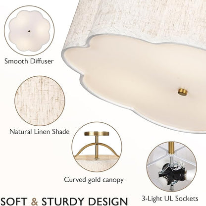 CALOKES Semi Flush Mount Ceiling Light, 16" Modern 3-Light Fixture with Petal-Shaped Beige Linen Shade and Golden Support Arm, Ideal for Bedroom, Kitchen, Living Room, Hallway, and Entryway