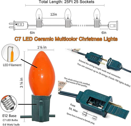 C7 Christmas Lights Outdoor 25Ft LED Christmas String Lights with 27 Multicolor LED Bulbs(2 Spare), Vintage Colorful String Lights for Garden Wedding Party Xmas Decoration, Green Wire