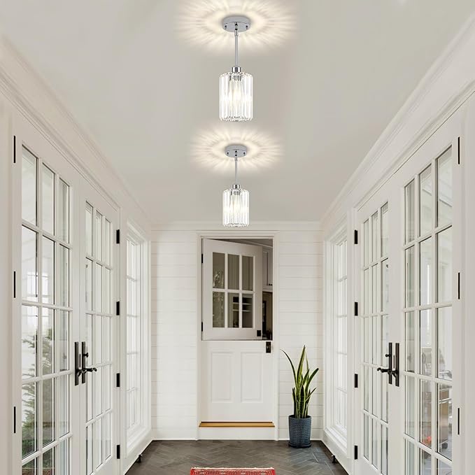 Chrome Crystal Pendant Lights Kitchen Island, Modern Kitchen Pendant Lighting Over Island Dining Room Light Fixtures Adjustable Hanging Pendant Light for Bathroom Hallway Entryway Bedroom Foyer