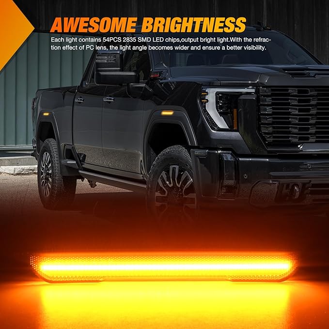 Nilight Fender Side Marker Lights 4 PCS 54 LED Smoke Lens Amber Front Rear Clearance Light Compatible with 2020 2021 2022 2023 2024 Sierra 2500HD 3500HD Pickup Truck