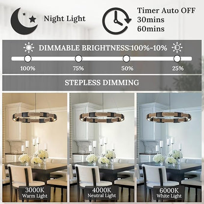 LED Ring Chandelier Dimmable Black & Wood Chandelier for Dining Room 24in Circular Chandeliers Light Modern Round LED Chandeliers Light Fixture for Entry Bedroom Kitchen Home Office Living Room