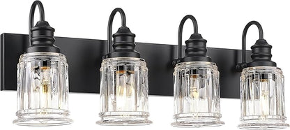 HWH 4-Light Bathroom Vanity Light, Wall Light Sconces for Bathroom, Dressing Table, Black Bathroom Mirror Wall Light with Bell-Shaped Clear Glass, Matte Black Finish, 5HZG106B-4W BK