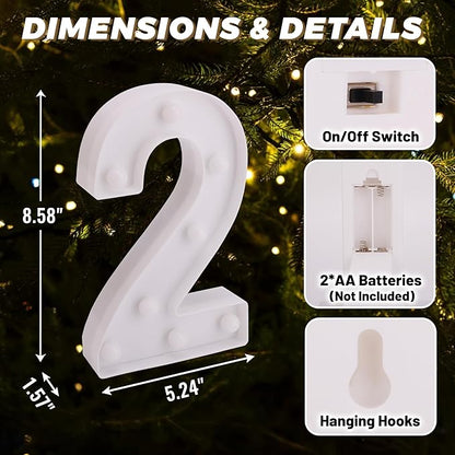 LED Light Up Marquee Letters, Battery Powered Decorative LED Letter Lights, Alphabet Light Up Letters for Wedding Birthday Party,Holiday Lamp or Home Bar Decoration (Number 2)