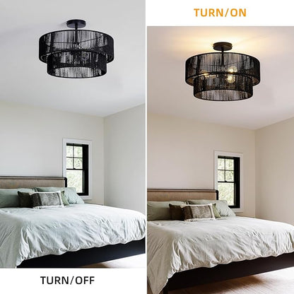 Black Boho Light Fixtures Ceiling Mount 18'' Coastal Hemp Rope Semi Flush Mount Ceiling Light Fixture 3-Light Rattan Light Fixtures with 2-Tier Drum Shade for Dining Room Kitchen Entry