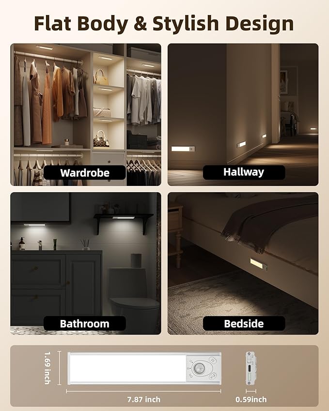EZVALO Under Cabinet Lighting Wireless, 3Pack 7.8'' Rechargeable Closet Lights, LED Motion Sensor Indoor, Dimmable & 3 Color Temps Battery Operated with Power Display, for Kitchen, Stairs, Bookshelf