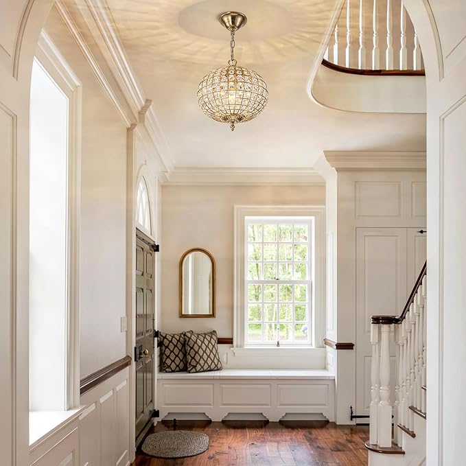 12" Globe Crystal Chandelier, Farmhouse Round Gold Crystal Pendant Light 1-Light Antique Foyer Chandelier for Dining Room Living Room Hallway Entryway
