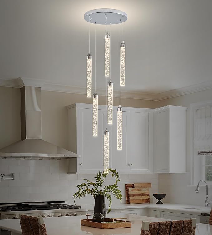 Crystal Staircase Chandelier, Modern Chrome Spiral Dimmable LED Cluster Raindrop Foyer Chandelier Lighting, Bubble Living Room Hanging Light Fixture 7 Light Remote Control