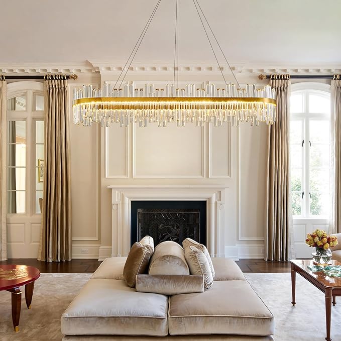 Gold Led Modern Crystal Chandelier: 52" Rectangle Linear 3 Color Dimmable Large Chandelier for Dining Room Over Table - Luxury Rectangular Contemporary Oval Light Fixture for Living Room Bedroom Foyer