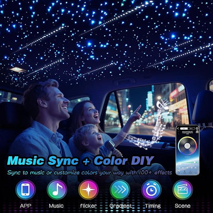Meteor Twinkle 750 pcs 6.5ft Starlight Headliner Light,16W LED Star Ceiling Fiber Optic Light Kit APP/Remote Control for Car/Home/Party