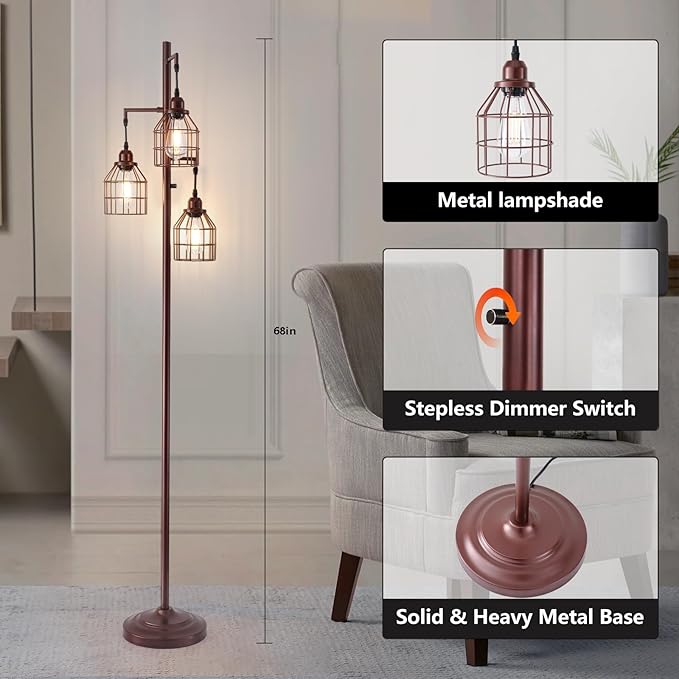 9MMML Floor Lamp for Living Room, Farmhouse Industrial Dimmable Floor lamp, 3 Lights Metal Cage Tree Standing Lamp,68", 3Pcs LED Bulbs Included