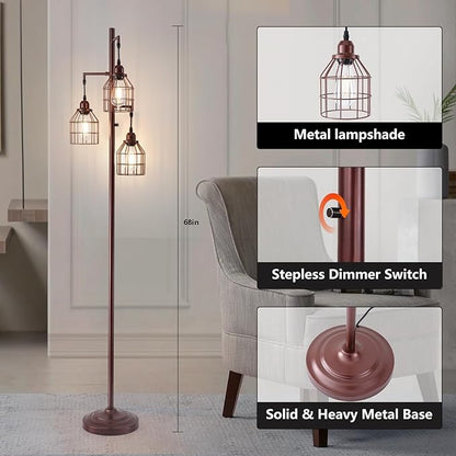 9MMML Floor Lamp for Living Room, Farmhouse Industrial Dimmable Floor lamp, 3 Lights Metal Cage Tree Standing Lamp,68", 3Pcs LED Bulbs Included