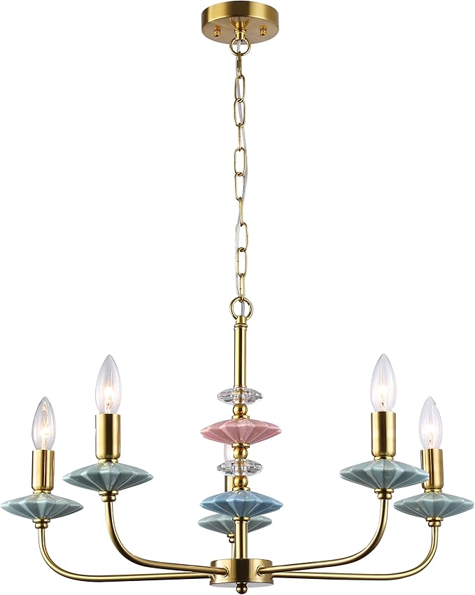 Gold Chandeliers for Dining Room Light Fixture Over Table,5-Light Art Deco Chandelier, Modern Retro Candle Chandelier with Ceramic,Farmhouse Chandelier for Girls Bedroom，Living Room, Foyer