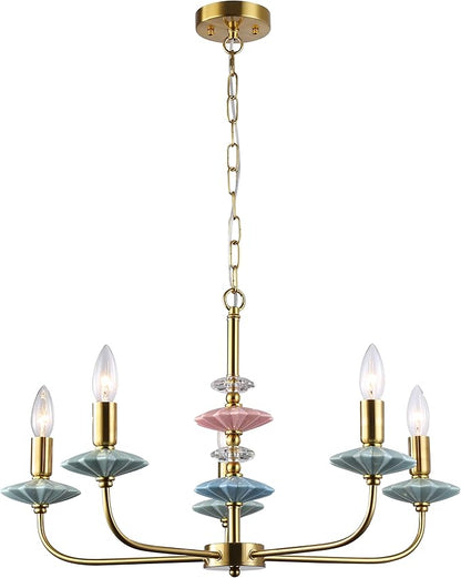 Gold Chandeliers for Dining Room Light Fixture Over Table,5-Light Art Deco Chandelier, Modern Retro Candle Chandelier with Ceramic,Farmhouse Chandelier for Girls Bedroom，Living Room, Foyer