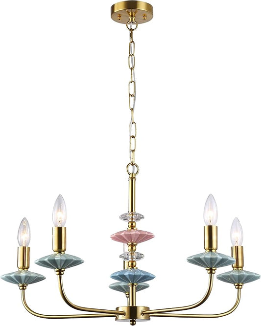 Gold Chandeliers for Dining Room Light Fixture Over Table,5-Light Art Deco Chandelier, Modern Retro Candle Chandelier with Ceramic,Farmhouse Chandelier for Girls Bedroom，Living Room, Foyer