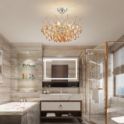Crystal Ceiling Light Fixture, Modern Flush Mount Chandelier, 6-Lights Crystal Close to Ceiling Light, Chrome Hallway Light Fixtures for Bedroom Kitchen Entryway Bathroom Dining Room Living Room