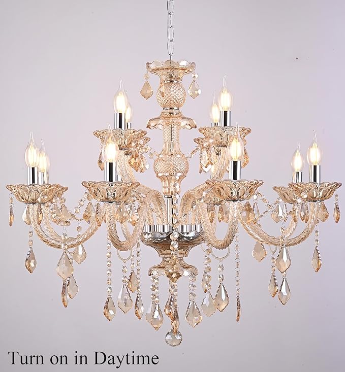 Modern Cognac Crystal Chandelier Lighting, K9 Crystal Light Fixtures 12-Light,Luxury Crystal Chandeliers Lighting 2-Tier Candle Crystal Pendant Light for Living Room Lobby Stair (12 Lights)