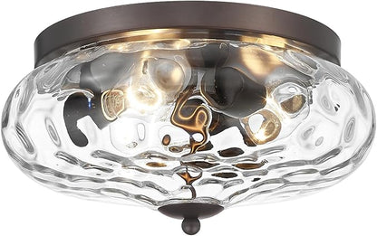 Darkaway Large Ceiling Light Fixtures, 3-Light Flush Mount Ceiling Light with Water Ripple Glass Shade for Indoor Outdoor Hallway Kitchen Bedroom Porch Living Room Oil-Rubbed Bronze Finish