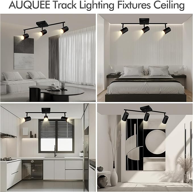 AUQUEE 3 Light Track Lighting Fixtures Ceiling, Black LED Track Lighting Kit, Modern Kitchen Track Lights with Rotatable Light Heads, Ceiling Spot Lighting for Living Room/Hallway/Bar, No GU10 Bulb