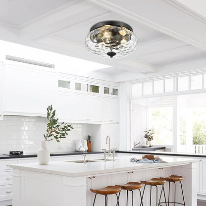 Darkaway Large Ceiling Light Fixtures, 3-Light Flush Mount Indoor Outdoor Ceiling Light with Water Ripple Glass Shade for Hallway Kitchen Bedroom Porch Living Room Black Finish