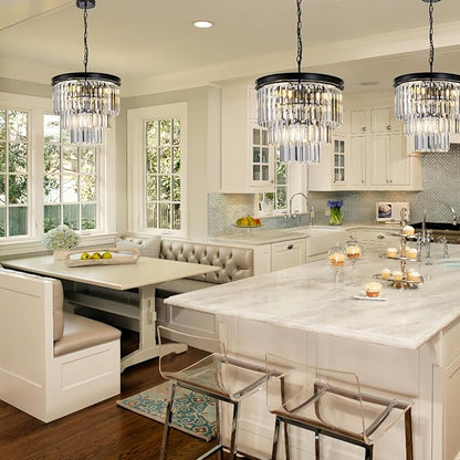Crystal Chandelier 15.8" Modern K9 Crystal Hanging Pendant Lights 6-Lights Black 3-Tier Luxury Crystal Dining Room Light Fixture for Living Room Bedroom Kitchen Island Entryway Foyer Stair