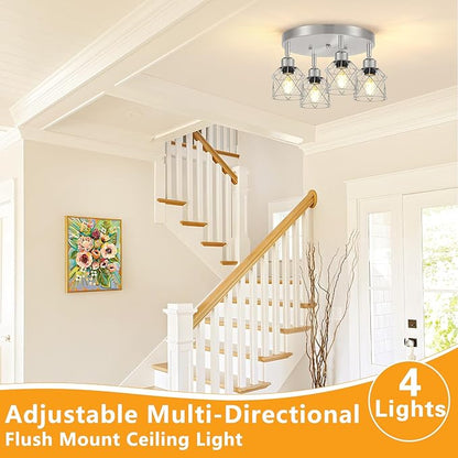 Baocuz 4-Light Brushed Nickel Kitchen Light Fixtures, Modern Hallway Light Fixtures Ceiling, Adjustable Multi-Directional Indoor Silver Metal Cage Close to Ceiling Lights for House Bedroom