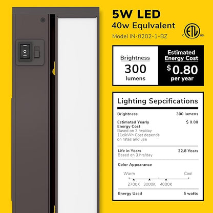 GETINLIGHT 12-inch Swivel LED Under Cabinet Lights, Glass Lens, Selectable White 2700K/4000K/5000K, Dimmable with Wall Dimmers, Bronze Finish, IN-0202-1-BZ