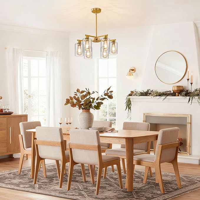 6-Light Modern Gold Chandelier Farmhouse Dining Room Light Fixture with Clear Glass Shade Hanging Ceiling Pendant Lighting for Kitchen Island Living Room Hallway