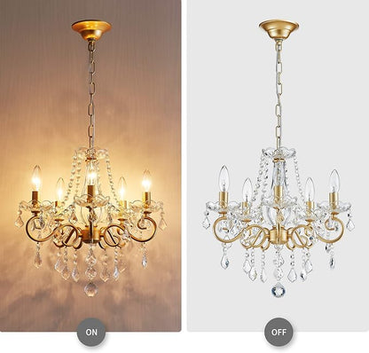 ANJIADENGSHI Mini Crystal Chandelier K9 Crystal Gold Chandelier for Living Room Bedroom Dining Room Kitchen Island Entryway 5 E12 Bulbs High 16.5 in x Diameter 16.9 in, Golden