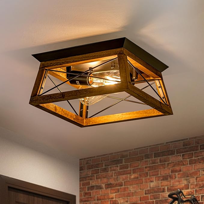 Rpzloila Farmhouse Ceiling Light, 2-Light Flush Mount Light Fixture with Metal and Wood Design, Rustic Light Fixture for Kitchen, Entryway, Hallway, Bedroom
