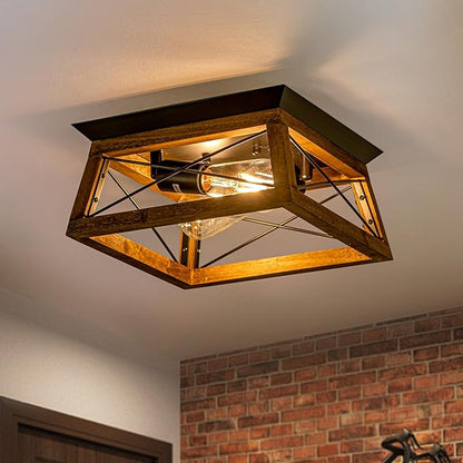 Rpzloila Farmhouse Ceiling Light, 2-Light Flush Mount Light Fixture with Metal and Wood Design, Rustic Light Fixture for Kitchen, Entryway, Hallway, Bedroom