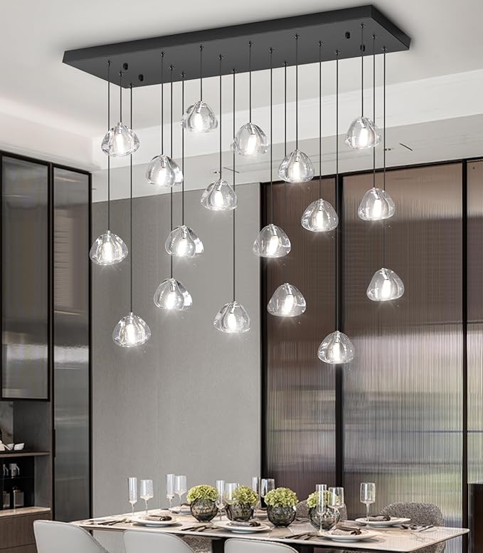 HAIXIANG W35 x D11.8 x H118 Rectangular Chandelier Bubble Crystal Balls Glam Chandeliers Dimmable Light High Ceiling Pendants Light Fixtures Adjustable Long Lights Black