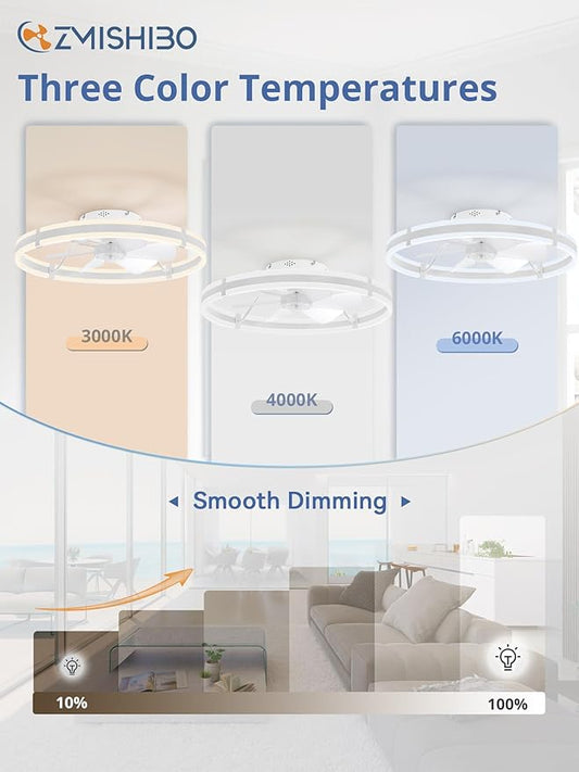 ZMISHIBO 24 Inch Ceiling Fans with Lights and Remote, Modern Low Profile Ceiling Fan, 3000-6000K Dimmable Flush Mount LED Fan Light, 6 Wind Speeds, Fandelier Ceiling Fans for Bedroom- White