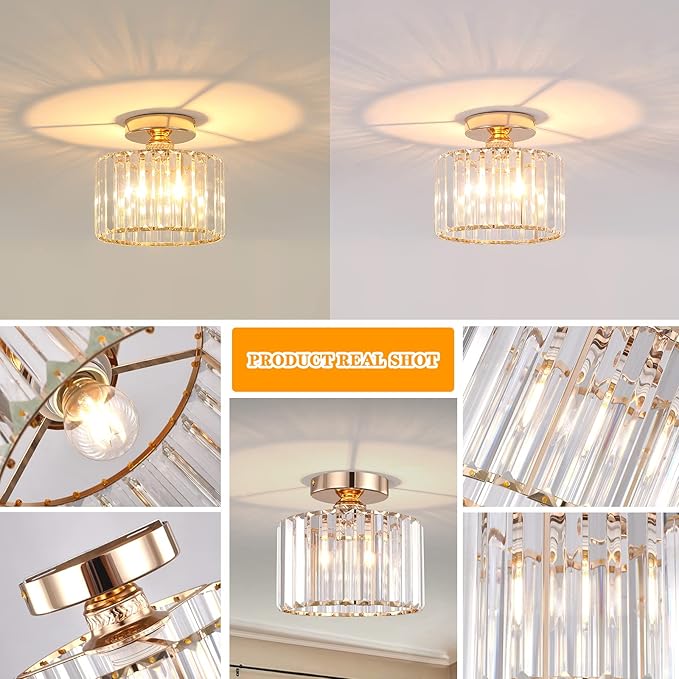 BUXVRCS Semi Flush Mount Modern Chandelier, Crystal Ceiling Light Fixture, Small Close to Ceiling Light for Living Room, Bedroom, Hallway, Bathroom, Kitchen, Entryway (Gold)