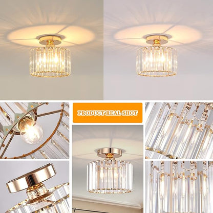 BUXVRCS Semi Flush Mount Modern Chandelier, Crystal Ceiling Light Fixture, Small Close to Ceiling Light for Living Room, Bedroom, Hallway, Bathroom, Kitchen, Entryway (Gold)
