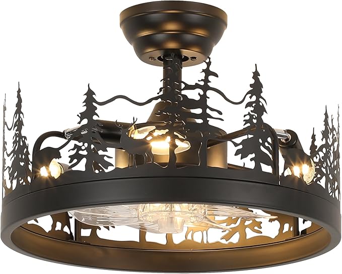 Farmhouse Rustic Ceiling Fan with Light and Remote, Black Rustic Fan with Bear and Deer Design, Adjustable Height, Rustic Deer Antler Fan for Living Room, Bedroom, Hallway Lighting