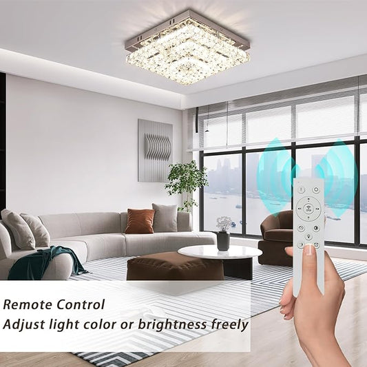 Crystal Chandeliers Crystal LED Ceiling Light 11.8" Square Flush Mount Modern Chandelier Ceiling Lights Fixtures for Bedroom Dining Room Hallway Dimmable by Remote Control