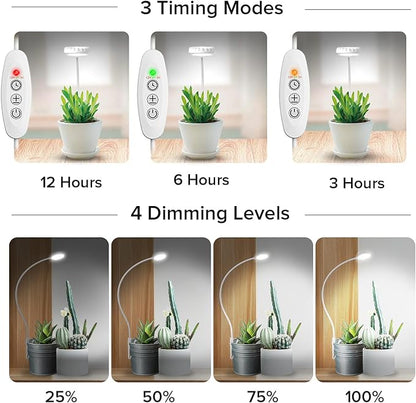SANSI Upgraded Grow Lights for Indoor Plants, Full Spectrum Pot Clip LED Plant Light for Indoor Growing with Auto On/Off Timer 3/6/12H, 4 Dimmable Brightness, Ideal for Small Indoor Plants, 10W 3 Pack