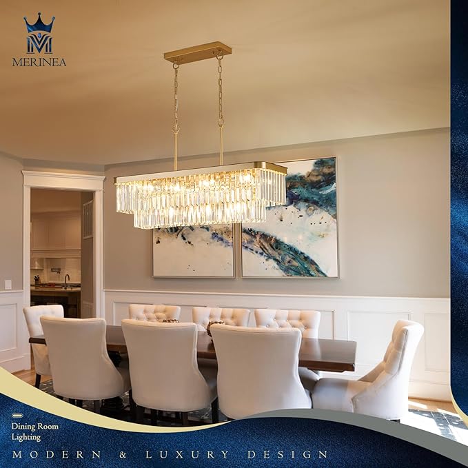 Rectangular Crystal Chandeliers K9 Luxury Gold Chandelier L33.5” Rectangle Linear Pendant Light Fixtures 11 Lights Contemporary for Kitchen Island Dining Room Living Room Bar