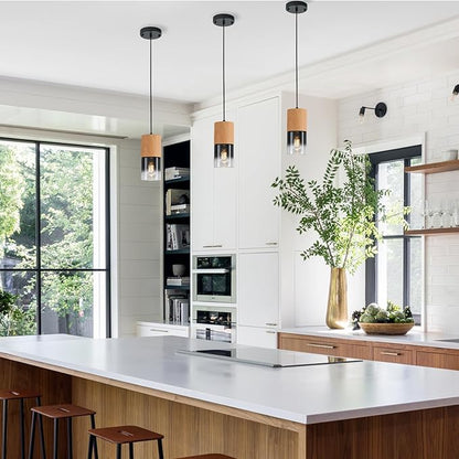 Modern Pendant Lights for Kitchen Island, Adjustable Black Pendant Light Fixtures with Raw Wood Grain, Industrial Glass Pendant Lights for Dining Table Hallway Bedroom Living Room,1 Pack