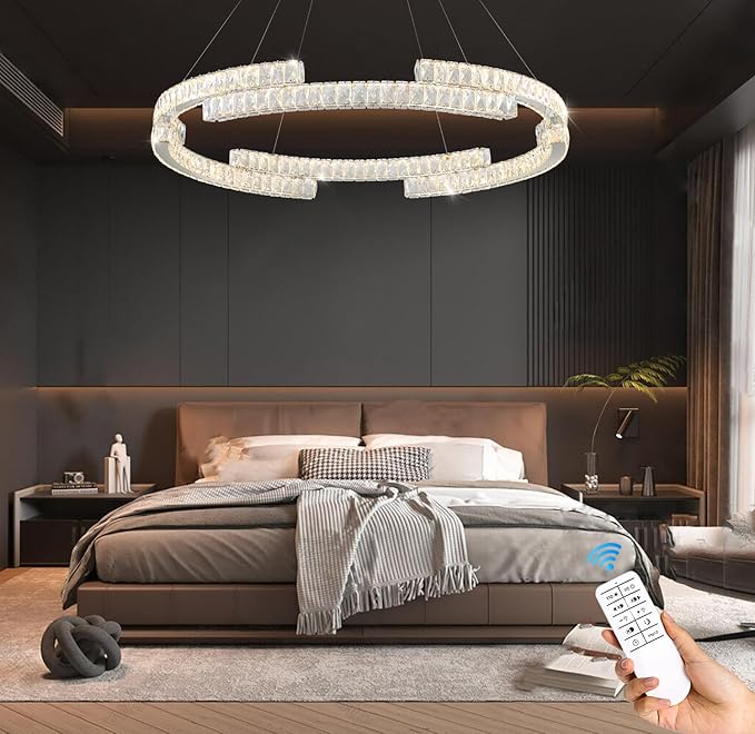 Modern Crystal Chandelier Dimmable LED Ring Pendant Light Adjustable Led Ring Chandelier 1 Ring for Dining Room Living Room 40inch Silver