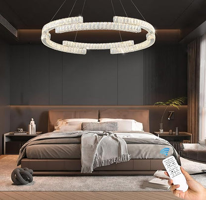 Modern Crystal Chandelier Dimmable LED Ring Pendant Light Adjustable Led Ring Chandelier 1 Ring for Dining Room Living Room 40inch Silver
