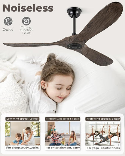 60" Ceiling Fans Without Light, Solid Wood Ceiling Fan No Light with Remote Control and DC Motor, Outdoor Ceiling Fan with 3 Blades, Outdoor fan for Patios - Deep Brown