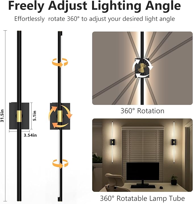 1 Pack Battery Operated Wall Sconce - 10000mAh Wireless Sconce Rechargeable Wall Light with Remote and Touch, 360° Rotate 4CCT Cordless Wall Lamp for Bedroom Living Room Hallway, 31.5 Inch, Black